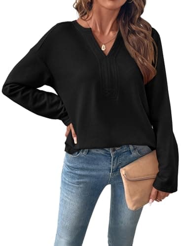SHEWIN Womens Sweatshirt Early Fall Fashion Long Sleeve V Neck Sweatshirts Trendy Soft Fall Tops for Women 2025 Black Medium - Image 1
