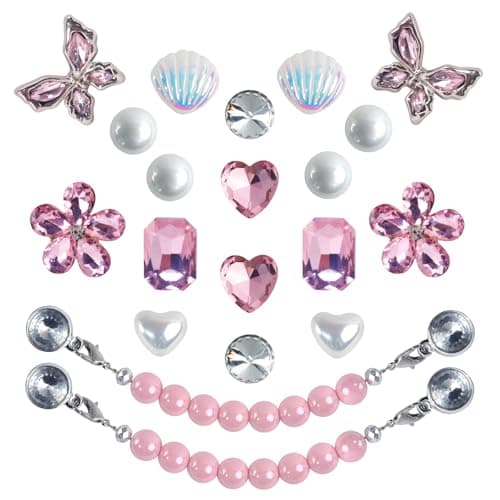 Wenobby 20 Pcs Bling Gem Shoe Decoration Charms for Women Girls, Cute Pink Pearl Rhinestones Butterfly Flower Shell charms with 2 Pearl Chains, Girly Accessories for Clog Sandals Party Gift - Image 1