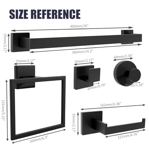 UPRONE Bathroom Hardware Accessories Set: 7-Pieces Bath Towel Bar Set, Towel Racks for Bathroom Wall Mounted, SUS304 Stainless Steel, Matte Black - Thumbnail 5