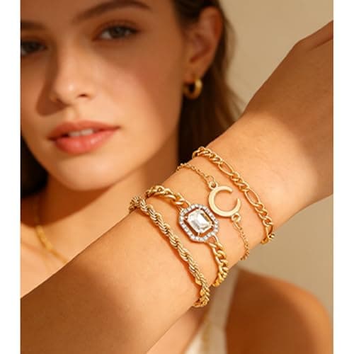 Alegend Bracelets Sets 14K Gold Plated Stackable Bold Twisted Rope, Romantic Crystal, Delicate Chains with moon charm Four-Layered Design - Thumbnail 3