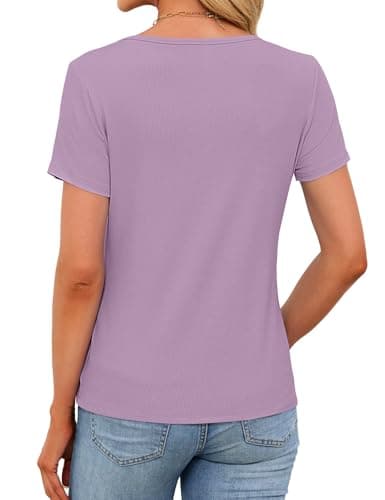 Womens Short Sleeve Tops Stretchy Henley Scoop Neck Fitted Casual Basic Top T-Shirts Ribbed Button Blouses 2026 Summer Trendy Purple S - Thumbnail 5