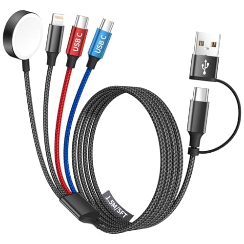 Dual Type-C Port 4 in 2 USB C Cable for Apple iWatch Charger/iPhone 17, Travel Charger Multi Charging Cable Cord for iWatch Ultra/SE/10-1, iPhone16-8, iPad, Android, Car, Cruise Essentials - 1Pc 5FT - Image 1