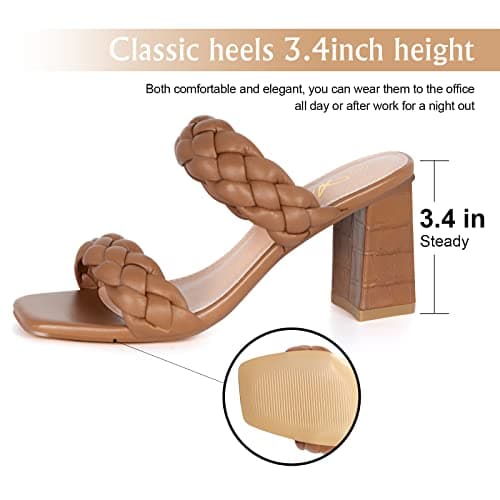 Athlefit Braided Heeled Sandals for Women Fashion Square Open Toe Comfortable Slip on Block Tan Heels Size 5.5 - Thumbnail 4
