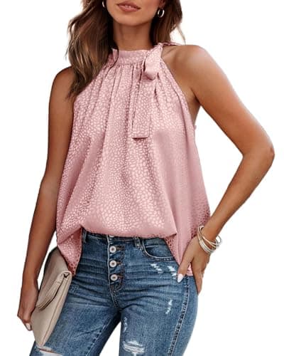BTFBM Women Sleeveless Tie Mock Neck Spring Summer Tops Loose Casual Side Bow Satin Halter Tank Top Blouses(Light Pink, Small) - Image 1