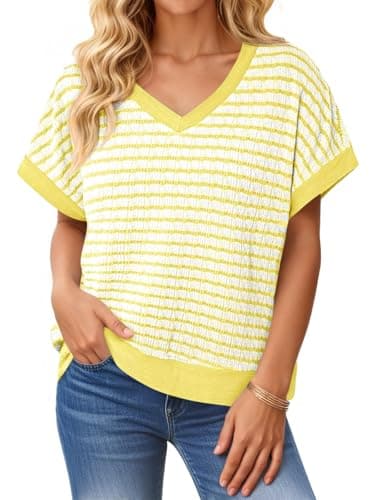 Tankaneo Womens V Neck Short Sleeve T-Shirts Oversized Knit Striped Tops 2026 Trendy Casual Loose Tees Light Yellow - Image 1