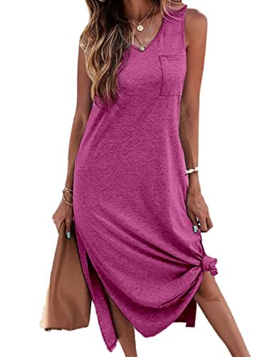 Dyexces Women Summer T Shirt Dress Casual Sleeveless V Neck Maxi Dresses Loose Side Slit Midi Tshirt Dress with Pockets - Image 1