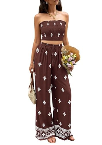 PRETTYGARDEN 2 Piece Sets for Women Summer 2026 Travel Outfits Print Tube Tops Wide Leg Pants Beach Vacation Clothes (Brown,X-Large) - Image 1