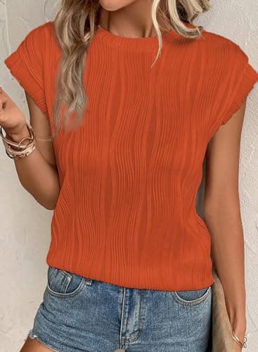 EVALESS Women's 2026 Spring Summer Short Sleeve T Shirts Fashion Trendy Casual Round Neck Knit Textured Tops Tunic Blouses Clothes Orange XX-Large - Thumbnail 5