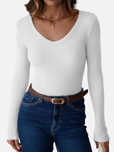 GKBK Women Long Sleeve V Neck Ribbed Knit Slim Fitted Shirts Basic Tee Cute Tshirts Going Out Tops 2025 Fall Winter Casual T Shirts Blouse Outfits Work Fashion Trendy Clothe White XS - Thumbnail 2