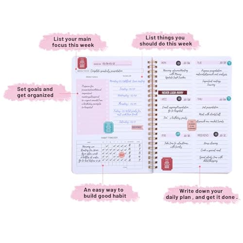 Undated Weekly Planner with Habit Tracker, 52 Weeks To Do List Notebook A5 Weekly Goal Planner with Spiral Binding & Stickers Home Work School Supplies for Women Girls 8.2" x 5.7" - Pink - Thumbnail 3