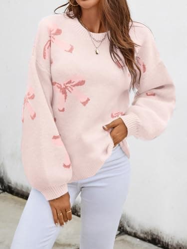 Libsorge Womens Valentine Bow Sweater 2026 Valentines Day Trendy Cute Oversized Bows Long Sleeve Pullover Sweaters Light Pink XL - Thumbnail 2