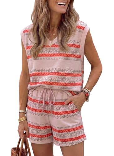Dokotoo Tank Tops for Women Summer Sexy V-Neck Sleeveless Shirts and Tie Waist Shorts Pants with Pockets 2026 Two Piece Sets Resort Wear Pink Stripe XX-Large - Image 1