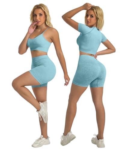 YOAKUKA Women's 4 Piece Workout Sets Seamless Acid Wash Yoga Outfits with Short Sleeve Top Sports Bra Biker Shorts High Waist Leggings Active Set - Thumbnail 2