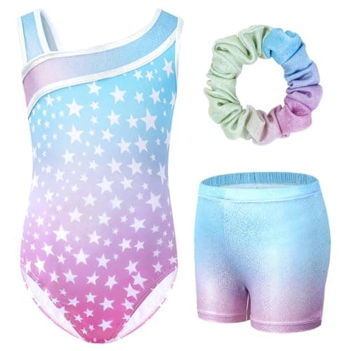 Gogokids Gymnastics Leotards for Girls Sloping Shoulders Kids Dance Unitards Biketards with Shorts, Multicolor Star, 9-10 Years - Image 1