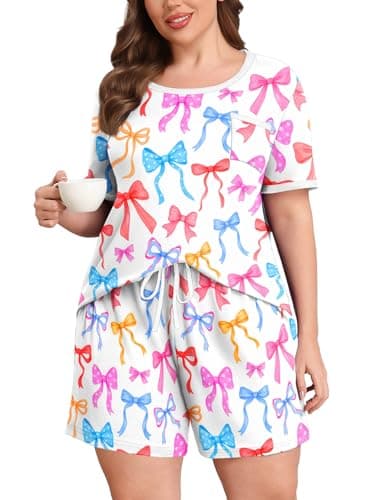 Lastshe Plus Size Pajamas Set for Women 2 Piece Soft Short Sleeve Shorts with Pockets Pjs Lounge Set Sleepwear,White Bows-4X - Image 1