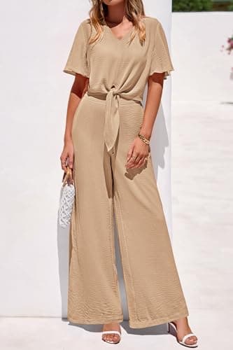 PRETTYGARDEN Women 2 Piece Summer Outfits Short Sleeve Strappy Top Wide Leg Pants Tracksuit Lounge Sets Beach Clothes(Khaki,XX-Large) - Thumbnail 3