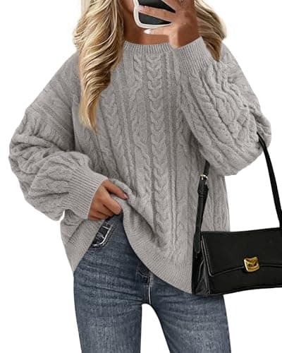 KIRUNDO Oversized Chunky Cable Knit Sweater Women 2026 Fall Fashion Cozy Long Sleeve Crewneck Pullover Winter Clothing(Grey, Large) - Image 1
