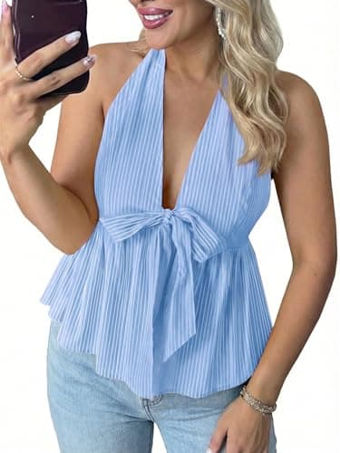 Tankaneo Womens Striped V Neck Halter Tops Babydoll Summer Bow Tie Front Backless Shirts Peplum Y2k Going Out Tank Tops Sky Blue - Image 1