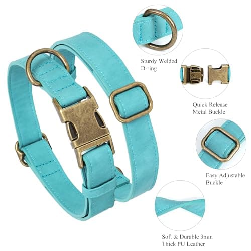 Jumpress Soft Leather Dog Collar for Small Medium Large Dogs, Heavy Duty Dog Collar Leather with Quick Release Metal Buckle, Durable & Adjustable for Medium Dogs Walking (Teal Blue, M) - Thumbnail 2