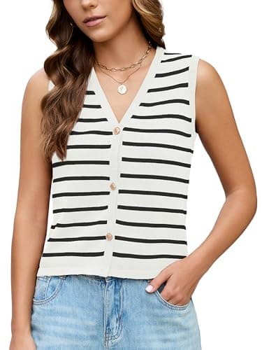 KORSIS Sweater Vest Tops for Women White Black Striped Small Button up Summer Fall Outfits Occasion Party Casual Shirts Coat Knit Cardigan jacket Work Clothes - Image 1