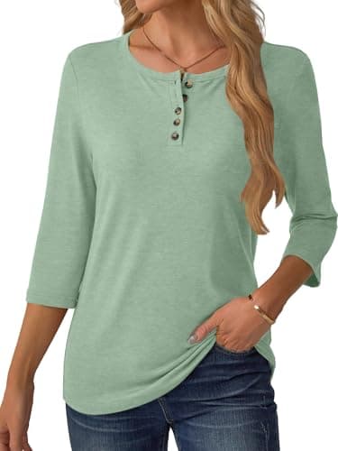 GKBK 3/4 Sleeve Womens Tops Fall Clothes Henley Casual Spring Summer Lightweight Basic Tunic Shirts Green - Thumbnail 6