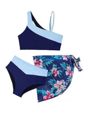 blibean Teen Girls Swimsuit Little Kids Bathing Suits Tween Matching Cutout Colorblock Bikini Sets Three Piece Hawaii Removable Pad Beach Swimwear Traje De Baño Para Niñas Size 6-7 Years Old Navy Blue - Image 1