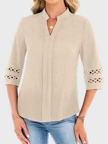 Funlingo Womens 3/4 Sleeve Tops Business Casual V Neck Dressy Blouses Fashion Office Work Tunic Pleated Shirts Trendy Outfits 2026 Khaki XL - Thumbnail 2