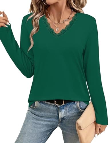 JUSTFASHIONNOW Winter Tops for Women V Neck Long Sleeve Shirts Trendy Lace Shirt Loose Fit Basic Tee Dressy Casual Work Office Outfits 2025 (Dark Green,Medium) - Image 1