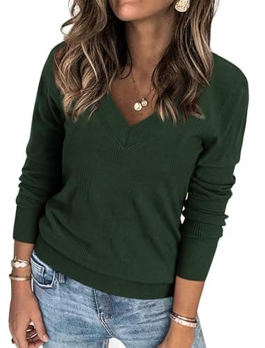 ATHMILE Women's Fall Tops 2026 Fashion Trendy Pullover Sweater V Neck Long Sleeve Shirt Knit Blouse Clothes Outfits Green - Image 1