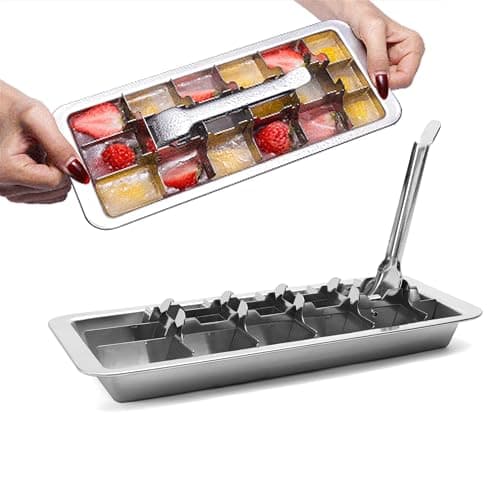 GHAHILI Stainless Steel Ice Cube Trays, Metal Ice Cube Trays for Freezer Vintage Inspired Design with Release Lever Remove Handle for Making Large Cubes Kitchen & Bar (One Silver) - Image 1