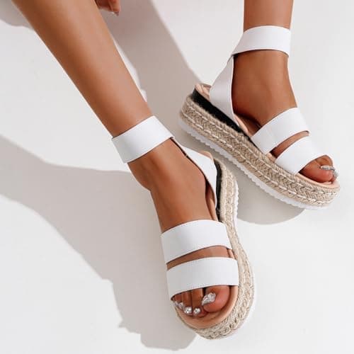 Vepose Women's Cute Platform Wedge Sandals Open Toe, Espadrilles Sandals with Double Elastic Strap, 876 - White, Size 11 US (CJY876 White 11) - Thumbnail 6