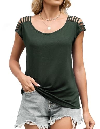 JUSTFASHIONNOW Womens Cold Shoulder Tops Summer Cute T Shirts Going Out Cap Sleeve Tops Dressy Casual Blouses Comfy Trendy Tee Shirts (Army Green,XX-Large) - Thumbnail 5
