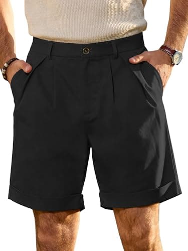 JEMLDL Mens Black Cotton Linen Shorts 7 Inch Inseam Casual Pleated Summer Vacation City Wear Elastic Waist Dressy Shorts with Pockets X-Large - Image 1