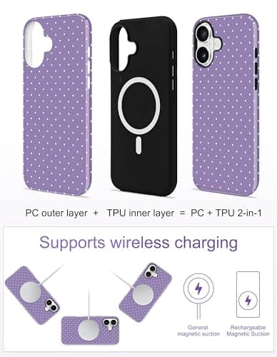 Aitipy Magnetic Polka Dot Phone Case for iPhone 16, Compatible with MagSafe, Cute Purple Polka Dots Aesthetic Soft TPU and Hard PC Shockproof Protective Phone Cover for Women Girls-Shiny - Thumbnail 2