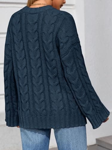 Saodimallsu Womens Oversized Sweaters Cable Knit Bell Batwing Sleeve Crew Neck Fall Winter Chunky Pullover Tops Navy - Thumbnail 3