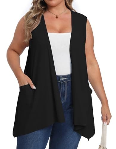 OLRIK Lightweight Plus Size Cardigan with Pocket Sleeveless Cardigans for Women Summer Black-5X - Image 1