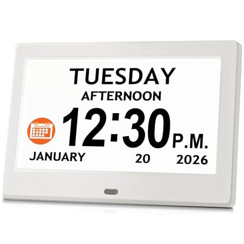 7'' Digital Clock, Dementia Clock With Date And Time, 10 Reminders, 6 Alarms, Auto-Dimming, Auto DST, Remote Control, Large Display Alarm Clock For Seniors, Gifts For People With Dementia, White - Image 1