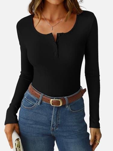 GKBK Ribbed Long Sleeve Tops for Women Henley Neck Slim Fitted Tight Basic Tee Tshirts Cute Fall Tops 2025 Trendy Outfits Clothes Black L - Thumbnail 2