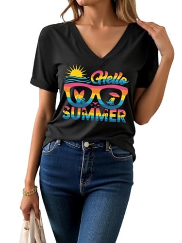 AiMgFUN Women's 2025 Summer Graphic T Shirts,Stylish Short Sleeve Tee, Printed Casual Top,V Neck Hello Summer Black-S - Image 1