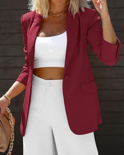 KIRUNDO Women's Blazer Oversized Boyfriend Long Sleeve Button Front Business Casual Jackets Spring Fall Fashion 2026 Work Clothes(Wine Red, Large) - Thumbnail 4