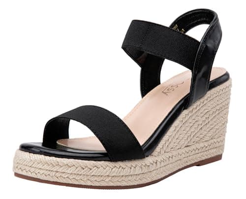 Jeossy Women's Wedge Platform Black Sandals, Espadrille 8801 Sandal, Summer Elastic Ankle Strap Shoes with 3.5 Inch, Size 6(DJY8801 Black 06) - Image 1