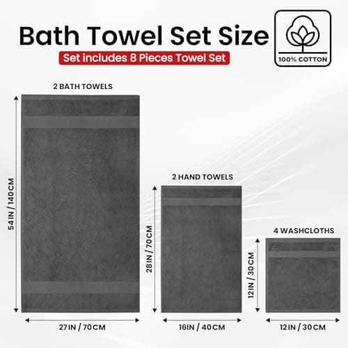 Infinitee Xclusives Luxury 100% Cotton Towel Set – 8 Piece Bathroom Towel Set (2 Bath Towels, 2 Hand Towels, 4 Washcloths) – Soft & Absorbent Towels for Bathroom (Shadow Grey) - Thumbnail 3