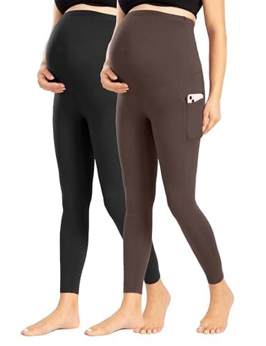 Enerful Women's Maternity Leggings Over The Belly with Pockets Pregnancy Pants Active Wear Workout Yoga Tights，Black Coffee Small