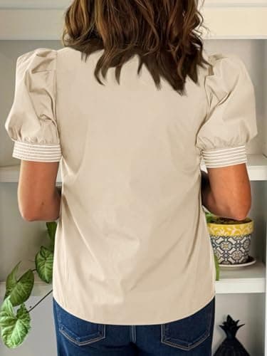 Cicy Bell Womens Puff Short Sleeve Blouses Summer Casual Dressy Contrast Stitch V Neck Tops Loose Fit Tee Shirts Beige - Thumbnail 4
