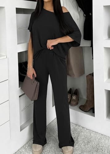 KIRUNDO Two Piece Sets for Women Lounge Airport Travel Vacation Outfits 2026 Summer Off Shoulder Tops Matching Wide Leg Pants(Black, X-Large) - Thumbnail 2