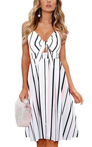 ECOWISH Women 2024 Summer Dresses Tie Front V-Neck Spaghetti Strap Button Down A-Line Backless Swing Midi Dress 809 Black Stripe M - Image 1