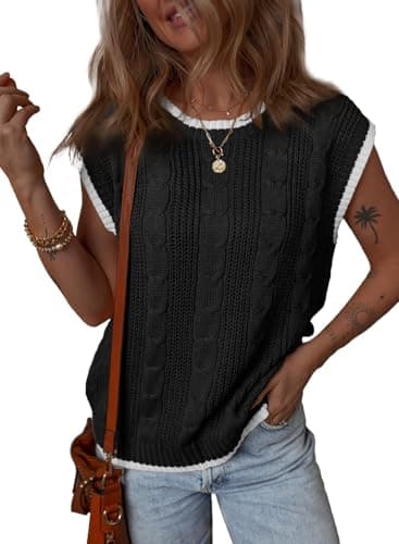 Dokotoo White Tank Top Round Neck Cap Sleeve Color Block Cable Knit Womens Tops Tank Top for Women Sweater Vest Women Vest for Women Black Large - Image 1