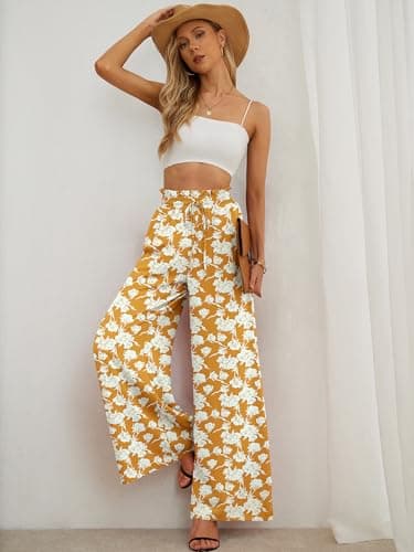 Heymoments Women's Wide Leg Dress Pants with Pockets White Flower Yellow Medium Lightweight Elastic High Waisted Adjustable Tie Knot Flowy Casual Ladies Beach Pleated Trousers - Thumbnail 4