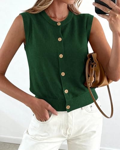 BTFBM Sweater Vest Women Casual Crewneck Button Down Knit Sleeveless Cardigan 2026 Spring Clothes Summer Vests Tops(Dark Green, X-Large) - Thumbnail 4
