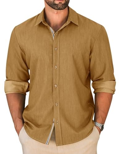 LETSEE Men's Button Down Dress Shirt Long Sleeve Untucked Business Casual Shirt Wrinkle Free Stretch Denim Texture - Image 1